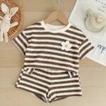 SHEIN LMoss Kids LMoss Baby Girl Summer Casual Striped Floral Decor Short Sleeve T-Shirt And Shorts Set Brown Baby Set Baby Summer Set Baby Girl Brown Set Brown Striped Outfit Baby Summer Outfits Baby Short Sets Flower 2 Pieces Set Summer Clothes Sets Matching Striped Set