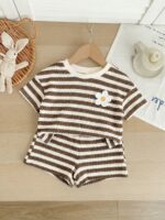 SHEIN LMoss Kids LMoss Baby Girl Summer Casual Striped Floral Decor Short Sleeve T-Shirt And Shorts Set Brown Baby Set Baby Summer Set Baby Girl Brown Set Brown Striped Outfit Baby Summer Outfits Baby Short Sets Flower 2 Pieces Set Summer Clothes Sets Matching Striped Set