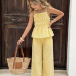 SHEIN Girls Striped Bow Camisole Top And Straight Leg Pants Summer Vacation Outfit