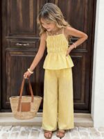SHEIN Girls Striped Bow Camisole Top And Straight Leg Pants Summer Vacation Outfit