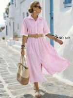 Breezaya Women's Casual Striped Loose Pocket Lapel Dress, Summer Women Vacation Dress Striped Dress Women Summer Dress Striped Shirt Dress Pink Summer Dress Women Summer Casual Dress Elegant Dress For Women Casual Vacation Dress For Women Summer Clothes Dresses For Ladies - Image 2