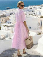 Breezaya Women's Casual Striped Loose Pocket Lapel Dress, Summer Women Vacation Dress Striped Dress Women Summer Dress Striped Shirt Dress Pink Summer Dress Women Summer Casual Dress Elegant Dress For Women Casual Vacation Dress For Women Summer Clothes Dresses For Ladies - Image 4