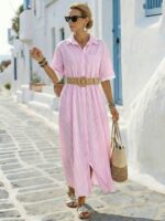 Breezaya Women's Casual Striped Loose Pocket Lapel Dress, Summer Women Vacation Dress Striped Dress Women Summer Dress Striped Shirt Dress Pink Summer Dress Women Summer Casual Dress Elegant Dress For Women Casual Vacation Dress For Women Summer Clothes Dresses For Ladies - Image 3