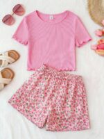 Tween Girls Ditsy Floral T-Shirt & Shorts Co-Ord Set, Casual Vacation Round Neck Short Sleeve Ribbed Knit Top And Patterned Shorts, Suitable For Daily Wear And Beach Holiday Cute Short Sets Pink Outfit For Girls Summer Summer Sets For Girl Spring Set For Girls Pink Teen Girl Clothes 2 Pc Set Summer Outfits For Girls Cute Girl Outfit Spring Outfits For Girls Girl Outfit Sets Summer