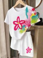 Floral Print White Short Sleeve T-Shirt And Shorts 2-Piece Set, Casual Fashion For Girls, Comfortable Summer & Autumn Outfit, Suitable For Daily Wear