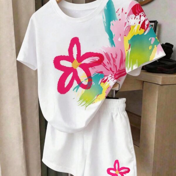 Floral Print White Short Sleeve T-Shirt And Shorts 2-Piece Set, Casual Fashion For Girls, Comfortable Summer & Autumn Outfit, Suitable For Daily Wear