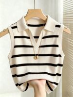 Airaco Women's Casual Elegant Knitted Collared Striped Tank Top - Image 4