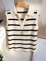 Airaco Women's Casual Elegant Knitted Collared Striped Tank Top - Image 2