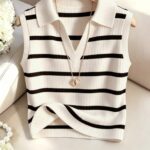 Airaco Women's Casual Elegant Knitted Collared Striped Tank Top