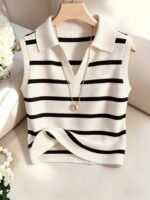 Airaco Women's Casual Elegant Knitted Collared Striped Tank Top