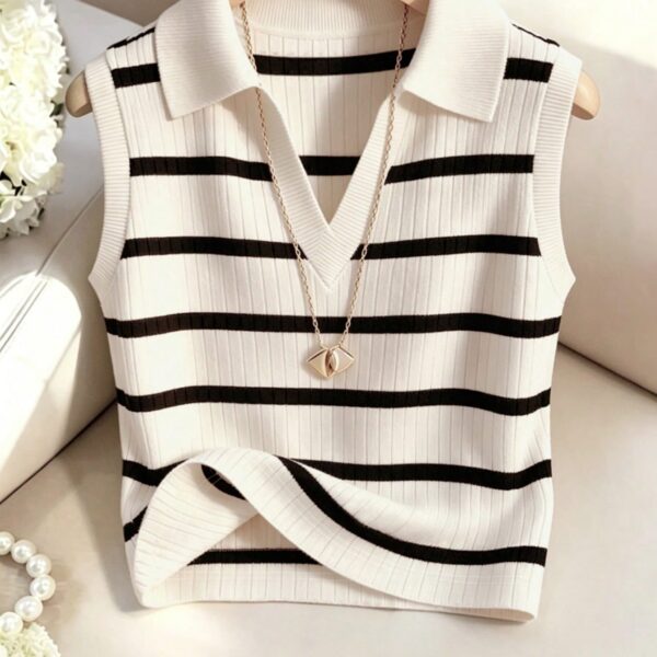 Airaco Women's Casual Elegant Knitted Collared Striped Tank Top