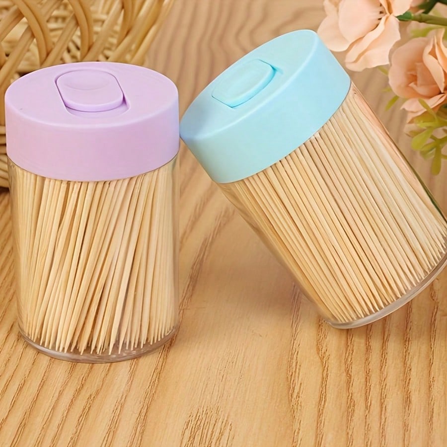 4pcs (300pcs Toothpicks + Container), Natural, Single-Use, Cylindrical Container With Flip Cover, Suitable For Home, Restaurant And Hotel Use, Random Color - Image 1