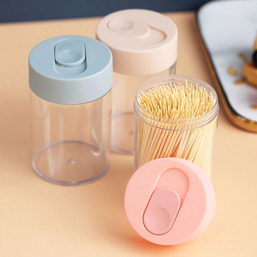 4pcs (300pcs Toothpicks + Container), Natural, Single-Use, Cylindrical Container With Flip Cover, Suitable For Home, Restaurant And Hotel Use, Random Color - Image 3