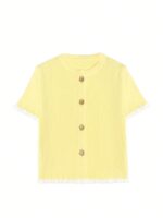Women's Summer Button Ear Design Beige Knit Top, Elegant Casual Short Sleeve Knit Sweater, Suitable For Dates And Daily Wear - Image 6