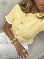 Women's Summer Button Ear Design Beige Knit Top, Elegant Casual Short Sleeve Knit Sweater, Suitable For Dates And Daily Wear - Image 4