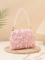 1pc Elegant 3D Rose Flower Shoulder Bag, Metal Chain Crossbody Bag, Faux Pearl Handbag, Women's Party Dress, Party Bag, Holiday Party Dress, Valentine's Gift, Bridal Bag, Bridesmaid Bag, Suitable For Party, Date, Wedding, Evening (Pattern Random) 1pc Fashionable Floral Handbag, Pearl Decor Chain Shoulder Bag, Floral Fabric, New Summer Fashion Women Bag, Versatile Crossbody Bag, Shoulder Bag, Lightweight Clutch Suitable For Party, Nightclub, Shopping, Date ,Wedding , Pink , Valentines Gifts, Pearl Bag, Party Bags, Wedding Items, Lace - Image 2