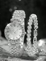 2pcs Set Elegant Crystal Quartz Watch & Heart-Shaped Diamond Bracelet, Fashion, Minimalist, Luxury Women's Watch Set, Suitable For Holidays, Parties, Weddings, Gatherings, And Daily Wear, Best Gift For Women