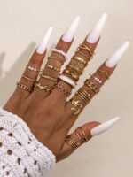 22pcs/Set Fashionable Faux Pearl Flower & Geometric Design Rings Set For Women - Image 2