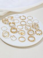 22pcs/Set Fashionable Faux Pearl Flower & Geometric Design Rings Set For Women - Image 3