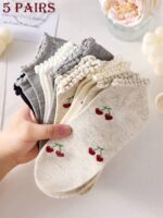 5 Pairs Women's Sweet Cute Cherry Pattern Minimalist Ankle Socks With Ruffle Trim, Breathable, Fashionable Ins Style Comfortable White Socks, Random Colors, Suitable For Summer, Autumn And Winter