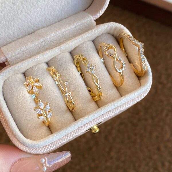 5pcs Luxury Elegant Unique Delicate Leaf Design Rings Set, Suitable For Daily, Dating, Casual, Holiday Gifts, Vacation, Women's Copper Micro-Inlaid Synthetic Zirconia (No Gift Box)