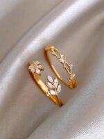 5pcs Luxury Elegant Unique Delicate Leaf Design Rings Set, Suitable For Daily, Dating, Casual, Holiday Gifts, Vacation, Women's Copper Micro-Inlaid Synthetic Zirconia (No Gift Box) - Image 6