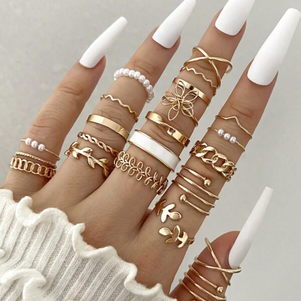22pcs/Set Fashionable Faux Pearl Flower & Geometric Design Rings Set For Women