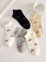 5 Pairs Women's Sweet Cute Cherry Pattern Minimalist Ankle Socks With Ruffle Trim, Breathable, Fashionable Ins Style Comfortable White Socks, Random Colors, Suitable For Summer, Autumn And Winter - Image 5
