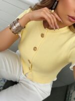 Women's Summer Button Ear Design Beige Knit Top, Elegant Casual Short Sleeve Knit Sweater, Suitable For Dates And Daily Wear