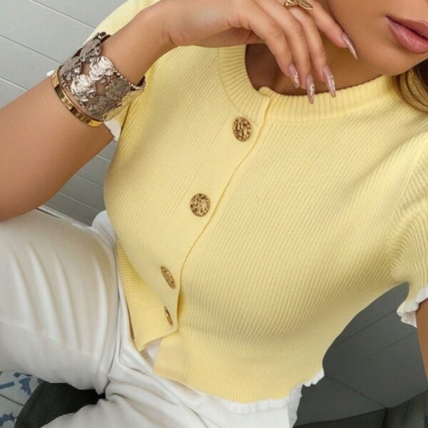 Women's Summer Button Ear Design Beige Knit Top, Elegant Casual Short Sleeve Knit Sweater, Suitable For Dates And Daily Wear