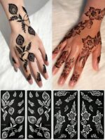 4pcs Flower Temorary Tattoo Stencil Stickers- Sexy Floral Patterns For Hand, DIY Paint, Reusable Stencil Stickers For Women Body Makeup Mehndi Designs