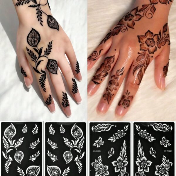 4pcs Flower Temorary Tattoo Stencil Stickers- Sexy Floral Patterns For Hand, DIY Paint, Reusable Stencil Stickers For Women Body Makeup Mehndi Designs