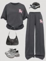Tween Girl Letter Print Short Sleeve Top And Pants Set