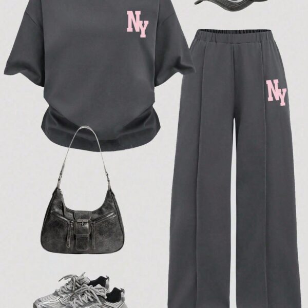 Tween Girl Letter Print Short Sleeve Top And Pants Set