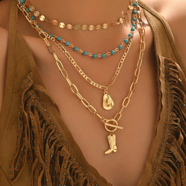 4pcs/Set Vintage Western Cowgirl Style Necklace Set, Gold Tone Handmade Chain With Metal Hat & Boot Charms, Fashion Jewelry Accessories For Women, Suitable For Photo Shooting And Outdoor Travel Wear. The Handmade Chain Is Randomly Cut In Length And Number Of Beads.