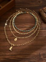 4pcs/Set Vintage Western Cowgirl Style Necklace Set, Gold Tone Handmade Chain With Metal Hat & Boot Charms, Fashion Jewelry Accessories For Women, Suitable For Photo Shooting And Outdoor Travel Wear. The Handmade Chain Is Randomly Cut In Length And Number Of Beads. - Image 4