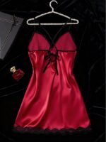 Women's Nightgown, Mature Floral Print Satin Lace Trim Sleepwear Dress, V-Neck Criss-Cross Open Back Spaghetti Strap Slip Dress, Comfortable Robe - Image 4
