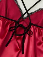 Women's Nightgown, Mature Floral Print Satin Lace Trim Sleepwear Dress, V-Neck Criss-Cross Open Back Spaghetti Strap Slip Dress, Comfortable Robe - Image 3