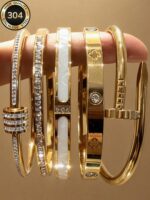 5pcs/Set Minimalist Elegant Luxury Sparkling Star Bangle Bracelets, Titanium Steel Bracelet For Women