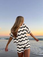 Women's Spring European And American Fashion Hollow Crochet Knit Short Sleeve Top And Casual Shorts Two Pieces Set Summer Vacation Beach