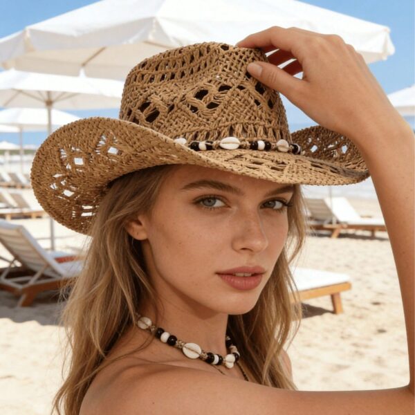 1pc Boho Shell Hollow Out Straw Sun Hat, Western Cowgirl Beach Hat, Suitable For Mother's Day, Easter, Vacation, Photo Shoot