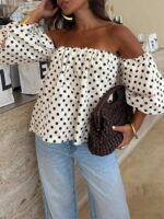 Women's Polka Dot Contrast Color Pleated Off-Shoulder Top, Suitable For Beach And Daily Wear, Spring/Summer White - Image 2