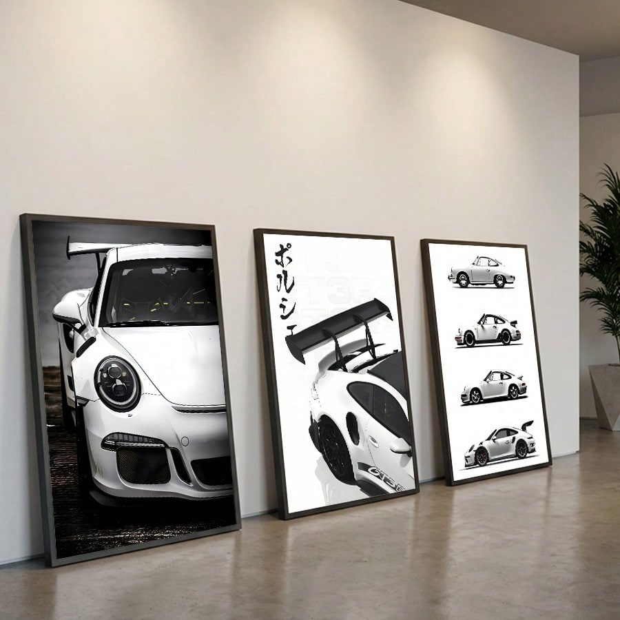 3Pcs/Set Optional Frame,Modern Sports Car Canvas Wall Art – Sleek White Car Prints, Minimalist Room Decor For Living Room, Bedroom & Hallway - Image 1