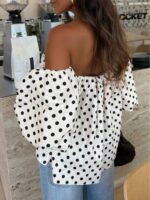 Women's Polka Dot Contrast Color Pleated Off-Shoulder Top, Suitable For Beach And Daily Wear, Spring/Summer White - Image 3