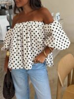Women's Polka Dot Contrast Color Pleated Off-Shoulder Top, Suitable For Beach And Daily Wear, Spring/Summer White - Image 4