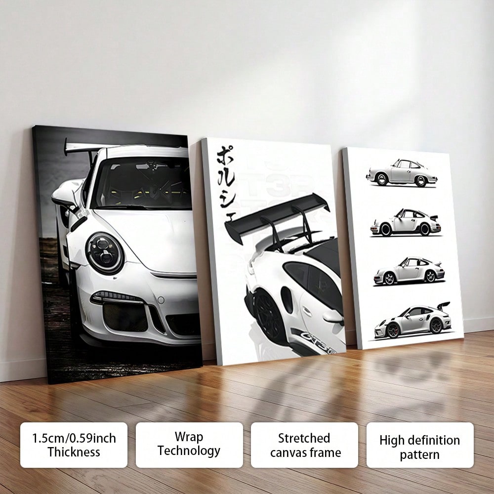3Pcs/Set Optional Frame,Modern Sports Car Canvas Wall Art – Sleek White Car Prints, Minimalist Room Decor For Living Room, Bedroom & Hallway - Image 6