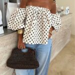 Women's Polka Dot Contrast Color Pleated Off-Shoulder Top, Suitable For Beach And Daily Wear, Spring/Summer White