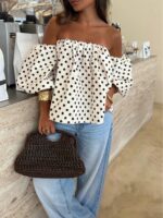 Women's Polka Dot Contrast Color Pleated Off-Shoulder Top, Suitable For Beach And Daily Wear, Spring/Summer White
