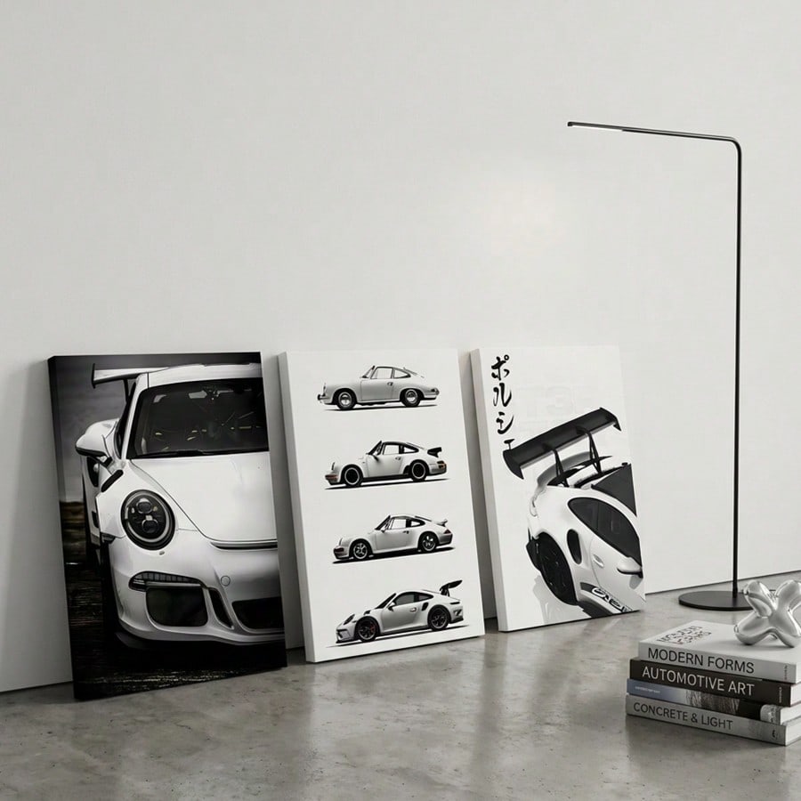 3Pcs/Set Optional Frame,Modern Sports Car Canvas Wall Art – Sleek White Car Prints, Minimalist Room Decor For Living Room, Bedroom & Hallway - Image 8