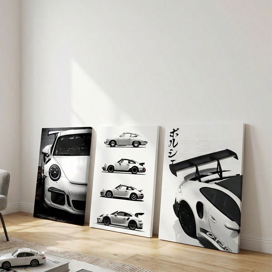 3Pcs/Set Optional Frame,Modern Sports Car Canvas Wall Art – Sleek White Car Prints, Minimalist Room Decor For Living Room, Bedroom & Hallway - Image 7